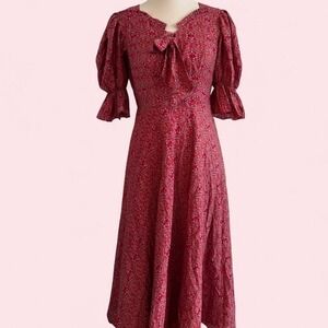Red Paisley Puff Sleeve Tie Front Midi Dress — Size M (6-8)